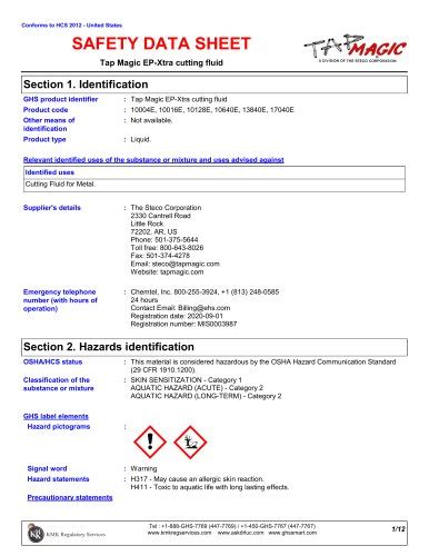 Tap magic ep xtra tapping fluid safety data sheet